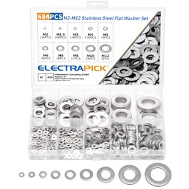 electrapick 684 Pieces Flat Washers, Stainless Steel Washers with 9 Sizes Body Washers Locking Washers Assortment Set (M2 M2.5 M3 M4 M5 M6 M8 M10 M12)