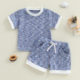 Newbgclo Boy Girl Summer Clothes Toddler Short Sleeve T-shirts Elastic Waist Shorts Set 2Pcs Casual Waffle Outfit (Blue, 18-24 Months)