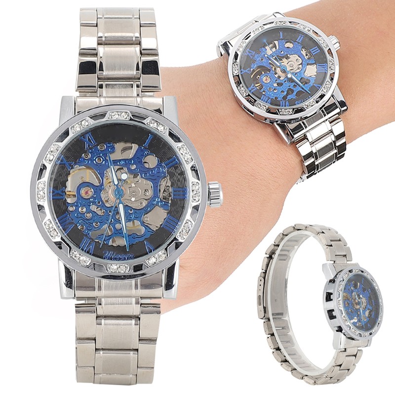 Fashion Waterproof Men Round Dial Hollow Automatic Wristwatch Mechanical Watch(Blue
