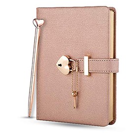 Poshieca Heart Shaped Lock Diary with Key PU Leather Cover Journal Personal Organizers Secret Notebook for Girls & Women B6 Size 5.3x7inch Diary with Rose Gold Metal Ballpoint Pen (Champaign)