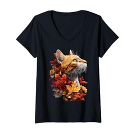 Womens Tabby Cat with Autumn Leaves Fall Flowers Feline Animal V-Neck T-Shirt