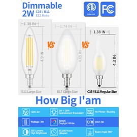 CRLight 2W 4000K LED Candelabra Bulb Neutral White Glow, 25W Equivalent 250LM, E12 Chandelier Dimmable LED Light Bulbs, Antique Edison C35 Frosted Glass Candle Flame Tip, 6 Pack