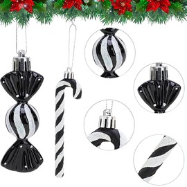 Pack of 18 Candy Canes Christmas Decoration Christmas Baubles Candy Canes Decoration Glitter Christmas Tree Decoration Black & White Cute Christmas Tree Decoration