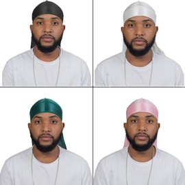 4PCS Silky Durags for Men Women 360 Waves with 1 Wave Cap, Silky Satin Durag Extra Long Tails