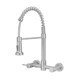 AIMADI Wall Mount Kitchen Faucets, 8-Inch Center | Wall Mount Kitchen Sink Faucet with Pull-Down Sprayer,Modern Stainless Steel Design Double Lever Control