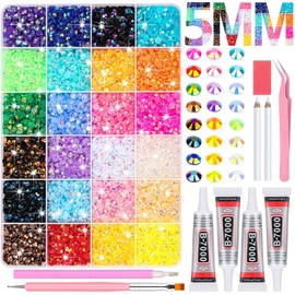 B7000 Glue with Large Rhinestones for Crafting, 5MM Rainbow Rhinestones Flat Back Gems Crystal with Jewelry Glue Adhesive for DIY Graduation Cap Bedazzling Crafts Clothes Tumblers Shoes