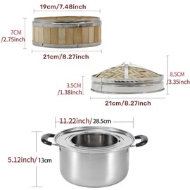 GOVNPJ 8.7 Inch Bamboo Steamer Basket, 2 Tier Bamboo Steamer for Cooking Dumpling Steamer with Pot, Cotton Liners, Steaming Ring for Bao, Dim Sum, Veggies