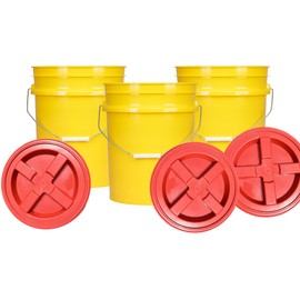 House Naturals 5 Gallon Plastic Yellow Food Grade BPA Free Made in USA Bucket Pail with Air Tight Double Gasket Screw on Lid(Pack of 3) (Yellow and Red lids)