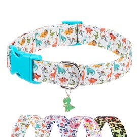 DILLYBUD Cotton Designer Dog Collar Cute Dinosaur Print Dog Collars for Boy Male Small Medium Large Dogs with Dinosaur Charms - Adjustable Soft Pet Collar for Spring Summer XS