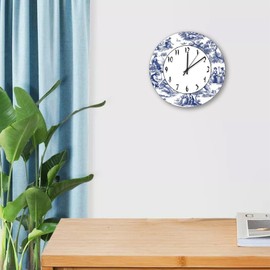 Mighun Navy Blue White Decorative Toile Print Round Wall Clock PVC Clock Silent Non Ticking Battery Operated Easy to Read for Student Office School Home Decorative Clock Art 15"
