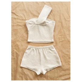 Verdusa Women's 2 Piece Textured Outfits One Shoulder Crop Tops with Micro Shorts Summer Clothing Set Cream White Medium