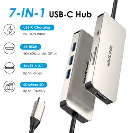 WAVLINK 7-in-1 USB C Docking Station, Multi-Port Adapter, 4K HDMI Output, 100W PD Input, 3 x 5Gbps USB3.1, SD/TF Card Reader, USB C Dongle, for Thunderbolt 3/4 Laptop