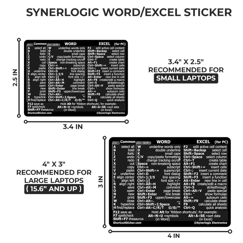Synerlogic Word/Excel Windows Shortcut Sticker | Reference Guide Keyboard Shortcut