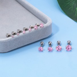 Lasidor 5 Pairs Stud Earrings Pink Cubic Zirconia Stainless Steel Stud Earring Hypoallergenic Screw Back Earrings Double Side Piercing Earrings Gifts for Women