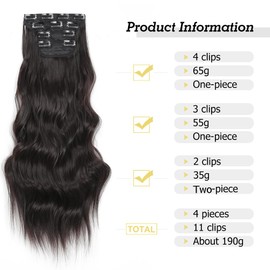 YDDM Clip-In Hair Extensions Natural Black Wavy Hair Extensions Full Head Like Real Hair Hair Extensions Clips Cheap Clip Extensions Synthetic Hairpiece for Women (24 Inches, 4 Pieces)
