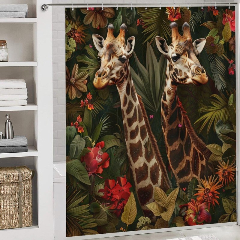 TOWINSFB 4Pcs African Giraffe Flower Shower Curtain Sets, Bathroom Decor