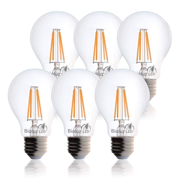 Bioluz LED Vintage 40 Watt Light Bulb, Edison Style Filament LED, Dimmable A19, Uses 5 Watts, Warm White (2700K) Clear Pendent Light Bulb UL Listed (Pack of 6)