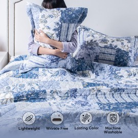 KASENTEX Non-Shrink Queen Quilt Set - Blue Patchwork Floral Bedding, Reversible Lightweight All-Season Summer Bedspread Coverlet with Pillow Shams