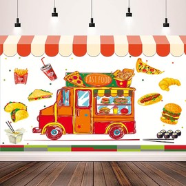 Food Truck Backdrop Burger Food Fries Drinks Photography Backdrop Kids Birthday Baby Shower Party Decor Hamburger Truck Backdrop Pizza Burger Coffee Shop Background (7X5FT)
