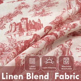 DriftAway - Cortinas cortas de lino para cocina, 45 pulgadas de largo, para sala de estar, baño, granja, campo francés, campo clásico, con estampado clásico, 2 paneles de color rojo