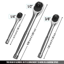 PHIRAH 3-Piece Ratchet Set, 1/4", 3/8", 1/2" Drive Ratchet Wrench, 72-Tooth Quick-Release Reversible Socket Wrench,CR-V Handle,Teardrop Head,EVA Storage