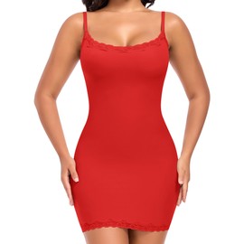 Shapewear Slip Dress for Women Under Dresses Full Slip Tummy Control Dress Slips Body Shaper Cami Nightgown (Red,XX-Large)