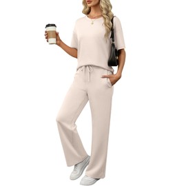 ANRABESS Women's Summer 2 Piece Outfits Casual Short Sleeve Sweatsuits Matching Wide Leg Tracksuits Lounge Sets 2025 Fashion, Apricot, Small