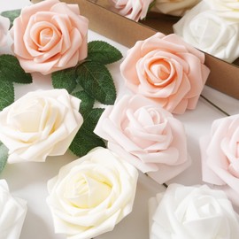 Lansdowns Artificial Flower Foam Rose 25pcs Real Looking Fake Rose with Stems Leaves for Home Decoration Party Garden Centerpieces DIY Wedding Bouquets（Shades of Pink Rose）