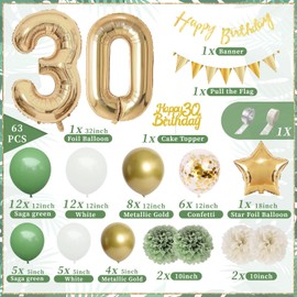 Decoration 30th Birthday Woman Man, Birthday Decoration 30 Men Women, 30th Birthday Women Avocado Green Gold Balloons with Happy Birthday Banner, Pompoms for Man 30th Decorations