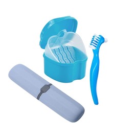 CHUANGOU Denture Care Set, Denture Box, Denture Brushes Denture Baths with Vents, Denture Brush on Both Sides with a Storage Box for Toothbrushes for Denture Cleaning (Blue)