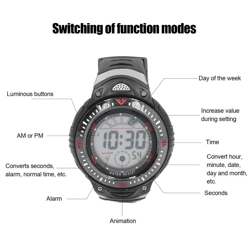 Black Men Digital Watch Waterproof LED Backlight Stopwatch Countdown 12/24