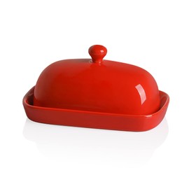 Sweejar Ceramics Butter Dish with Lid, Butter Keeper Container for Countertop, East/West Coast Butter, 7 inches (Red)