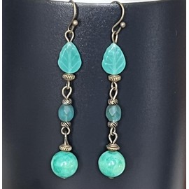 Bronze Earrings with Green Czech Glass Leaves and Crystal Beads Jewelry Earrings for Women #3298FE3213