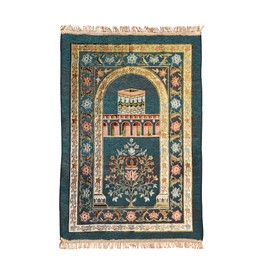 Halbur Prayer Mat, Islam Prayer Mat, Islam Muslim Seccade Ramadan Gifts for Women Men, Architecture Kaaba Embroidery with Fringes, Pattern with Arched Door and Flowers, Blue