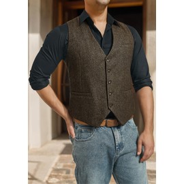 HISDERN Men's Formal Suit Vest Solid Waistcoat for Mens Herringbone Waistcoats Tweed Waistcoats Brown M