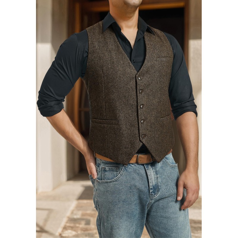 HISDERN Men's Formal Suit Vest Solid Waistcoat for Mens Herringbone