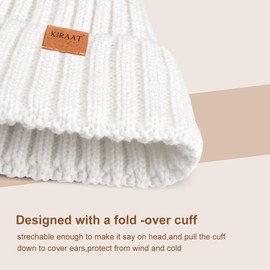 Womens Winter Beanie Hat Fleece Lined with Pom Pom,Warmer Faux Suede Touchscreen Gloves 2 in 1 Set for Cold Weather (US, Alpha, One Size, White Set 02)