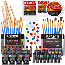 ESRICH 77PCS Professional Premium Paint Kit with 1 Wood Easel,48Colors (24 Acrylic & 24 Watercolor), 20 Brushes,6 Canvases, Painting Supplies Kit for Kids,Students, Artists and Beginner
