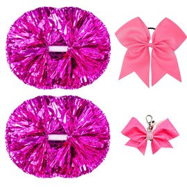 Cheerleading Pom Poms with Baton Handle 15.3 Inch Plastic Ring Metallic Foil Cheerleader Pompoms for Adult Team Squad Dance Sports Party (Hot Pink)