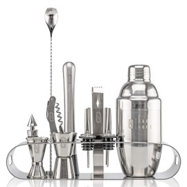 BAR NONE The Cocktail Set | 12-Piece Stand Bar Set Exquisite Quality Bartender Kit Tools | Martini Shaker Jigger Shot Muddler Spoon Ice Tongs Corkscrew Knife Bottle Opener Pourers (Stainless Steel, 1)