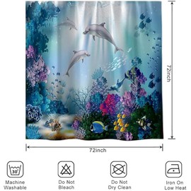 Dolphin and Ocean Life Shower Curtain, Blue Sea World Colorful Underwater Fishes Coral Ocean Animal Seabed Decorations Bath Curtain with 12 Hooks (Curtain)