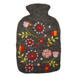Pachamama Handfelted 100% Hot Water Bottle Cover and 2 Litre Hot Water Bottle - Flower Embroidery Multicoloured Handmade Fair Trade Multicoloured Thermal