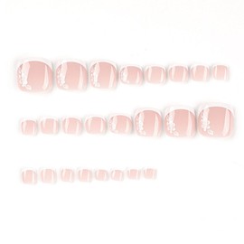 BAOYAALIN Press on Toenails for Women Short Square French Tips White Fake Toe Nails with Flower Design Acrylic False Artificial Glue on Toenails Summer Stick on Toe Nails for Women 24Pcs in 12 Sizes