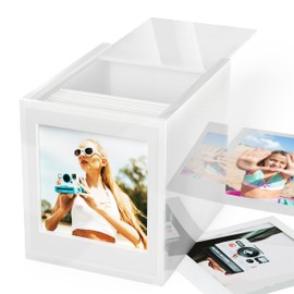 WINKINE Acrylic Polaroid Photo Storage Box for Polaroid i-Type/600/SX-70/Instax Square Film, 4.2''x3.5'' Frame Box with Sliding Lid, Wedding Guest Book Alternative, Instax Photo Frame, White, 1 Pack