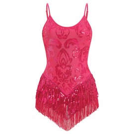 FYMNSI Women's Sequins Latin Dance Bodysuit Sleeveless Glitter Tassel Bodysuit Women's Bodysuit Leotard Overalls Leotard XS-XL, rose, M