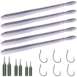 Drop-Shot-Rigs-for-Bass-Fishing-Soft-Plastic-Lures-Worm Fishing Hooks, 4.5 inch Rubber Worms, Wacky Worms, Straight Tail Stick Baits -22 Piece Kit with 10 Bodies, 6 Hooks, 6 Weights