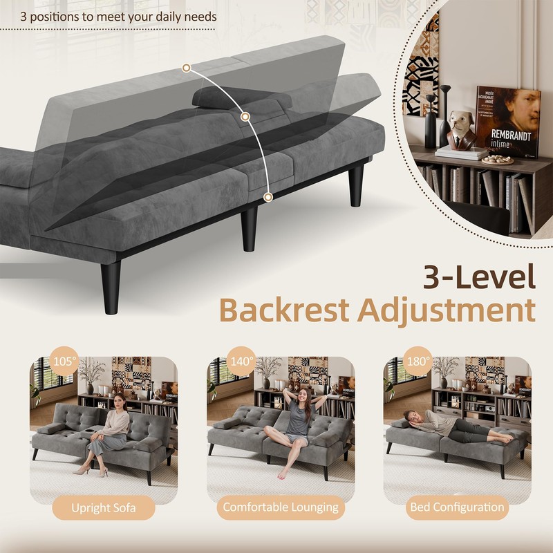 Shintenchi Futon Sofa Bed, Velvet Foldable Couch Reclining Sleeper w/Removable