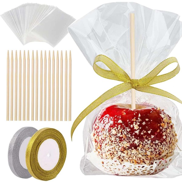 YESTOO 200 Pack Candy Apple Caramel Apple Sticks and Bags,100