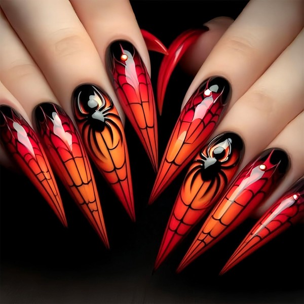 LWTZLW Halloween Press on Nails Spider Web Design False Nails
