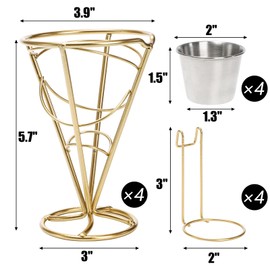 Peohud 4 Pack French Fry Holder, Chip Cone Basket with Sauce Cups, Metal Wire French Fries Stand Display Rack for Fried Chicken, Snack, Appetizer, Kitchen, Restaurant, Buffet, Party, Gold